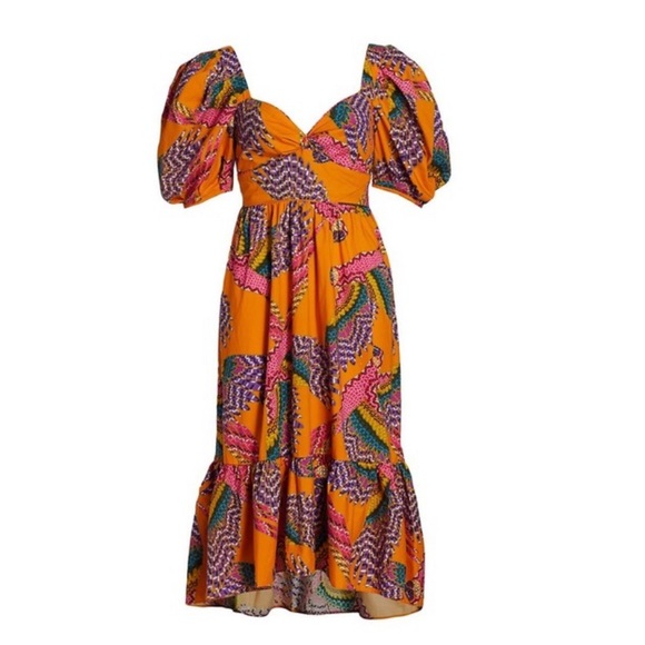 NWT farm rio Macau puff sleeve midi dress in orange - Picture 6 of 11